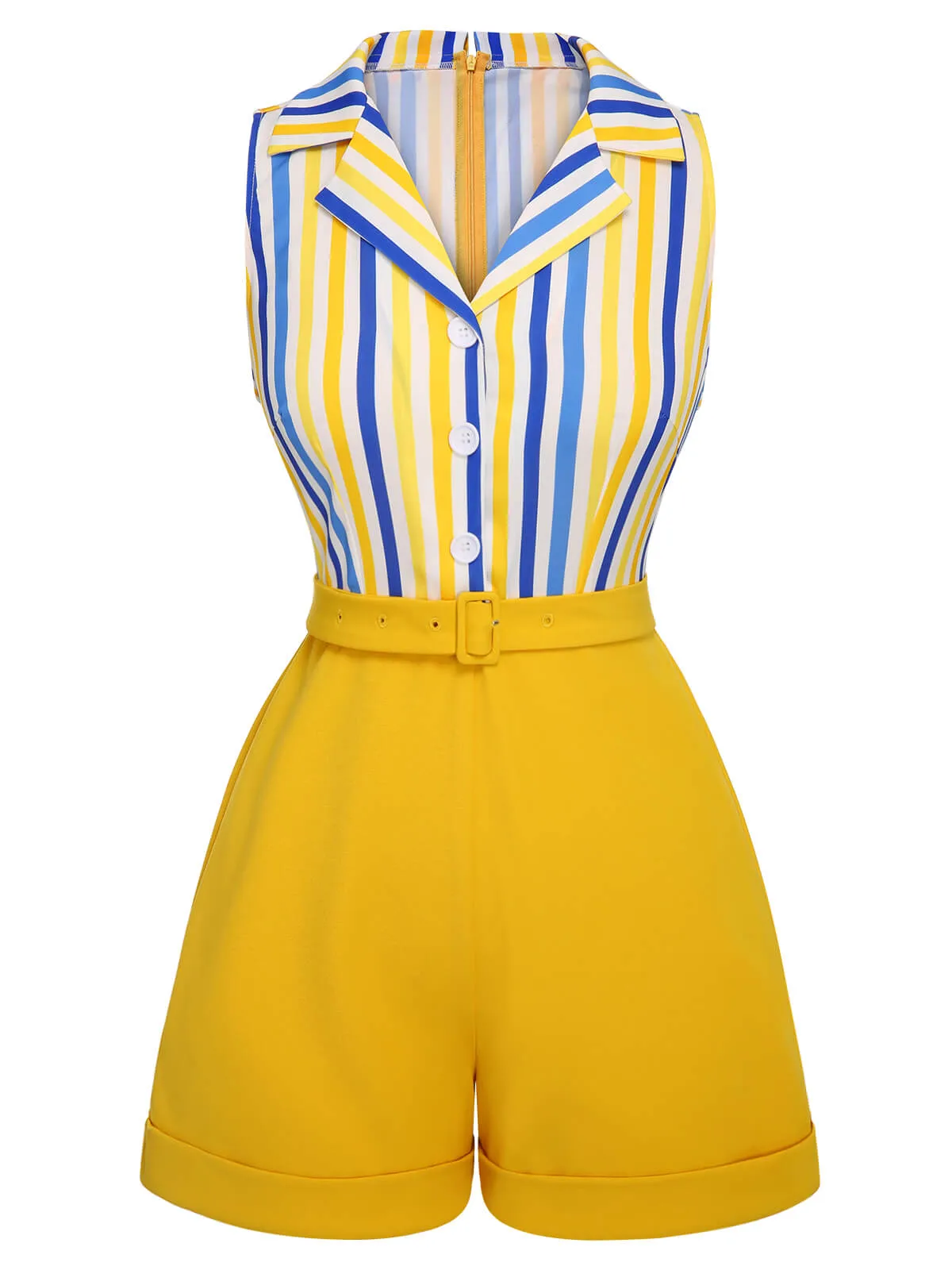 1950s Yellow White Blue Striped Lapel Romper