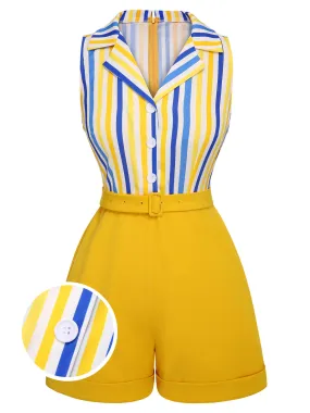 1950s Yellow White Blue Striped Lapel Romper