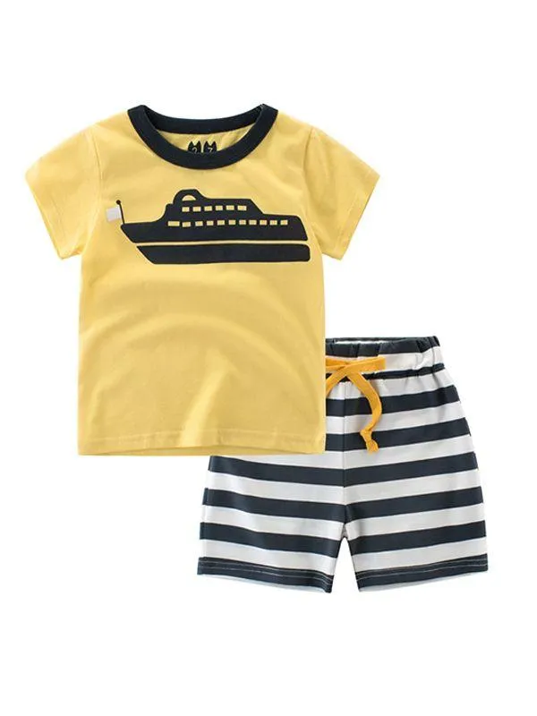 2-piece Print Tee Shorts Set Cotton T-shirt Top Short-sleeve Striped Bottom