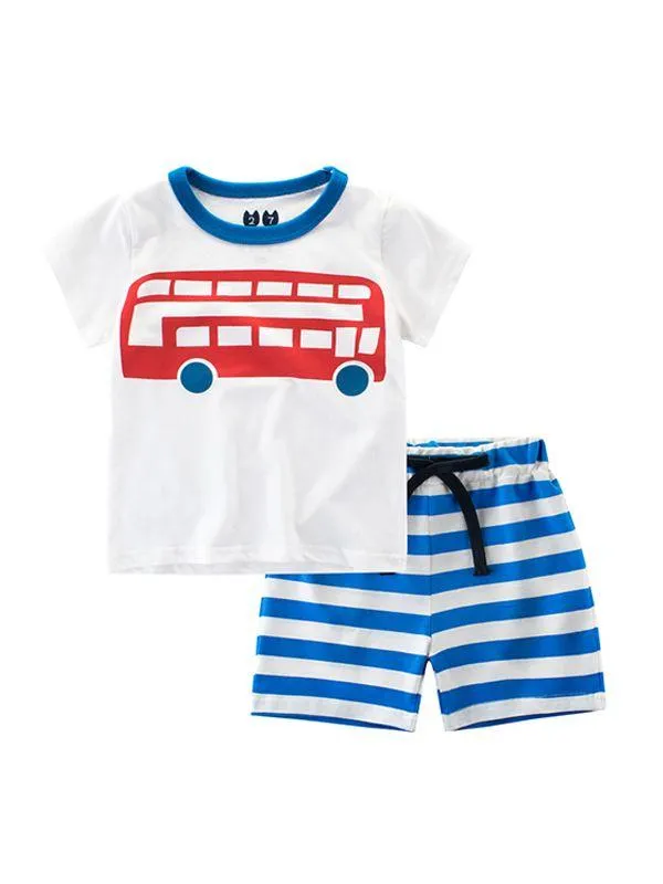 2-piece Print Tee Shorts Set Cotton T-shirt Top Short-sleeve Striped Bottom