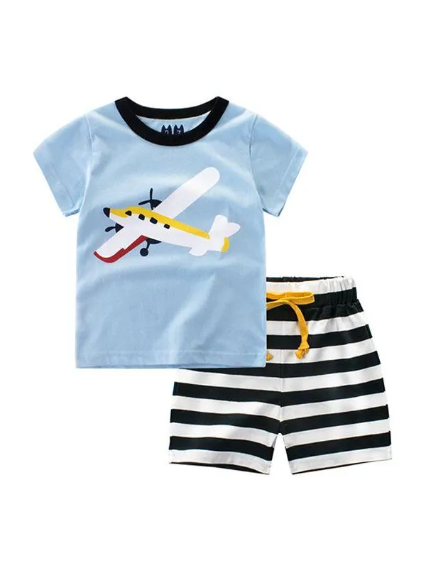 2-piece Print Tee Shorts Set Cotton T-shirt Top Short-sleeve Striped Bottom