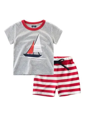 2-piece Print Tee Shorts Set Cotton T-shirt Top Short-sleeve Striped Bottom