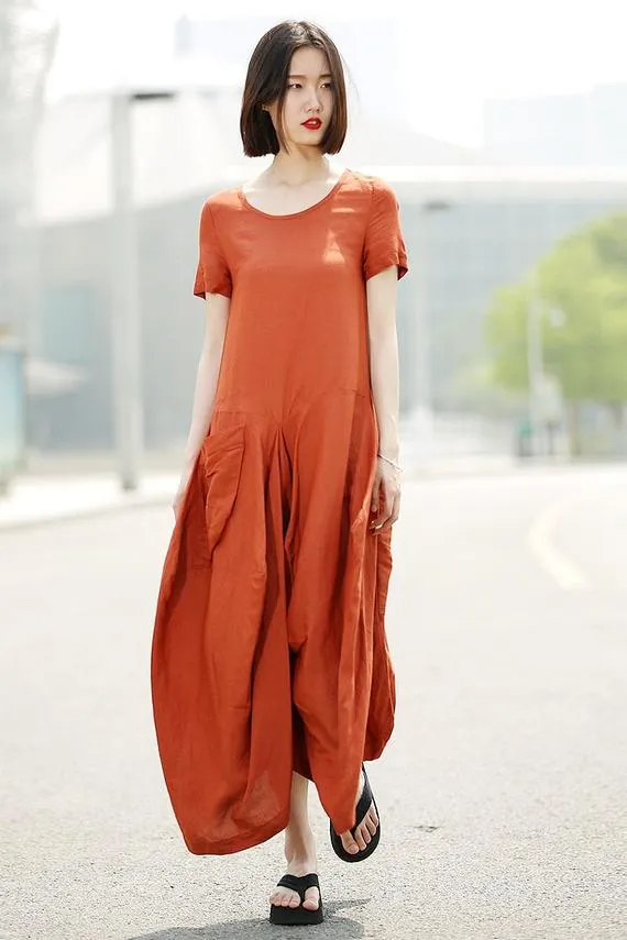 Asymmetrical short sleeves linen dress C351