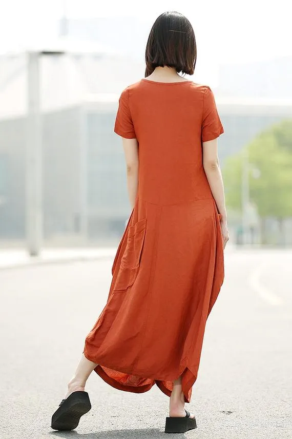 Asymmetrical short sleeves linen dress C351