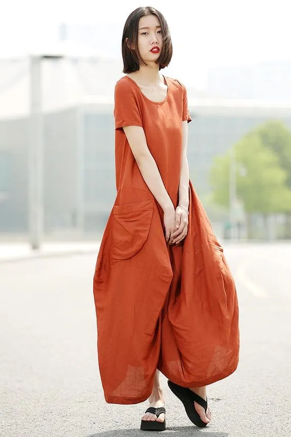 Asymmetrical short sleeves linen dress C351