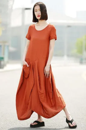 Asymmetrical short sleeves linen dress C351