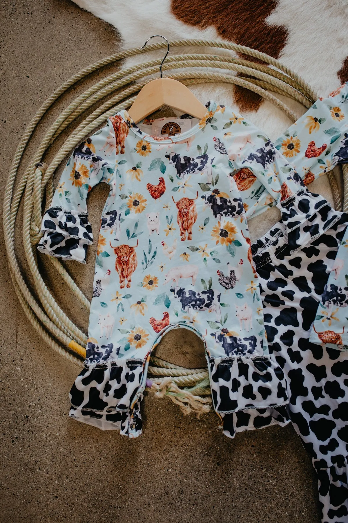 Baby Blue Cow Print Girls Romper/Pant Set (0-6 to 9/10 Years)