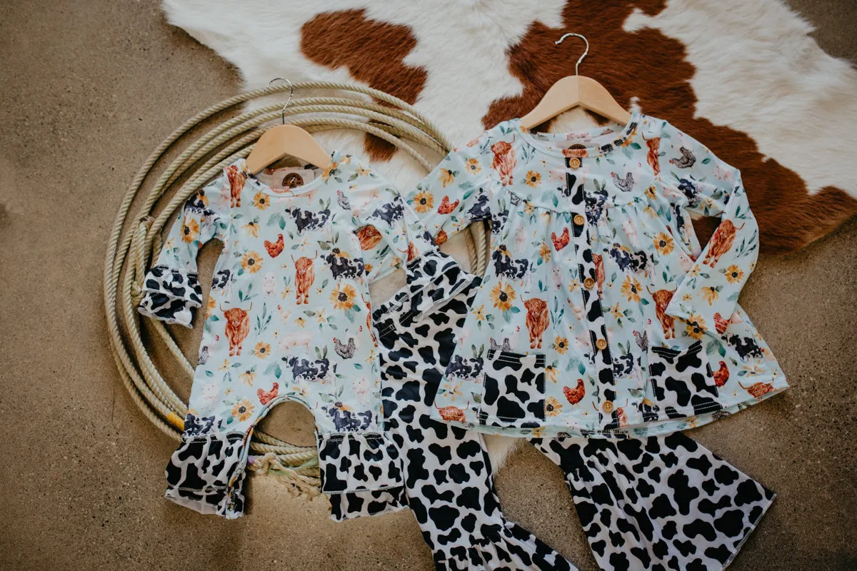 Baby Blue Cow Print Girls Romper/Pant Set (0-6 to 9/10 Years)