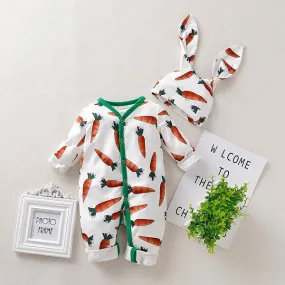 Baby Carrot Printed Romper and Bunny Rabbit Ears Hat 2pcs Suit