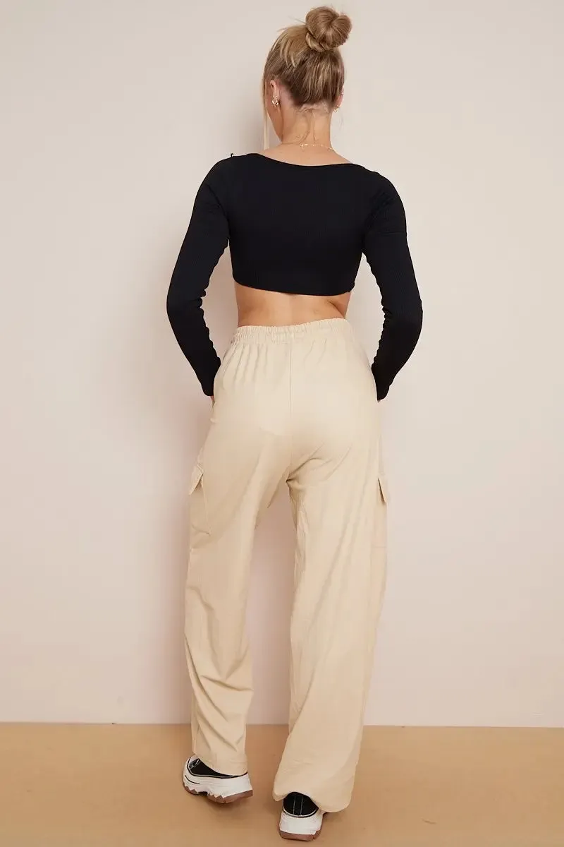 Beige Wide Leg Pockets PU Cargo Pants