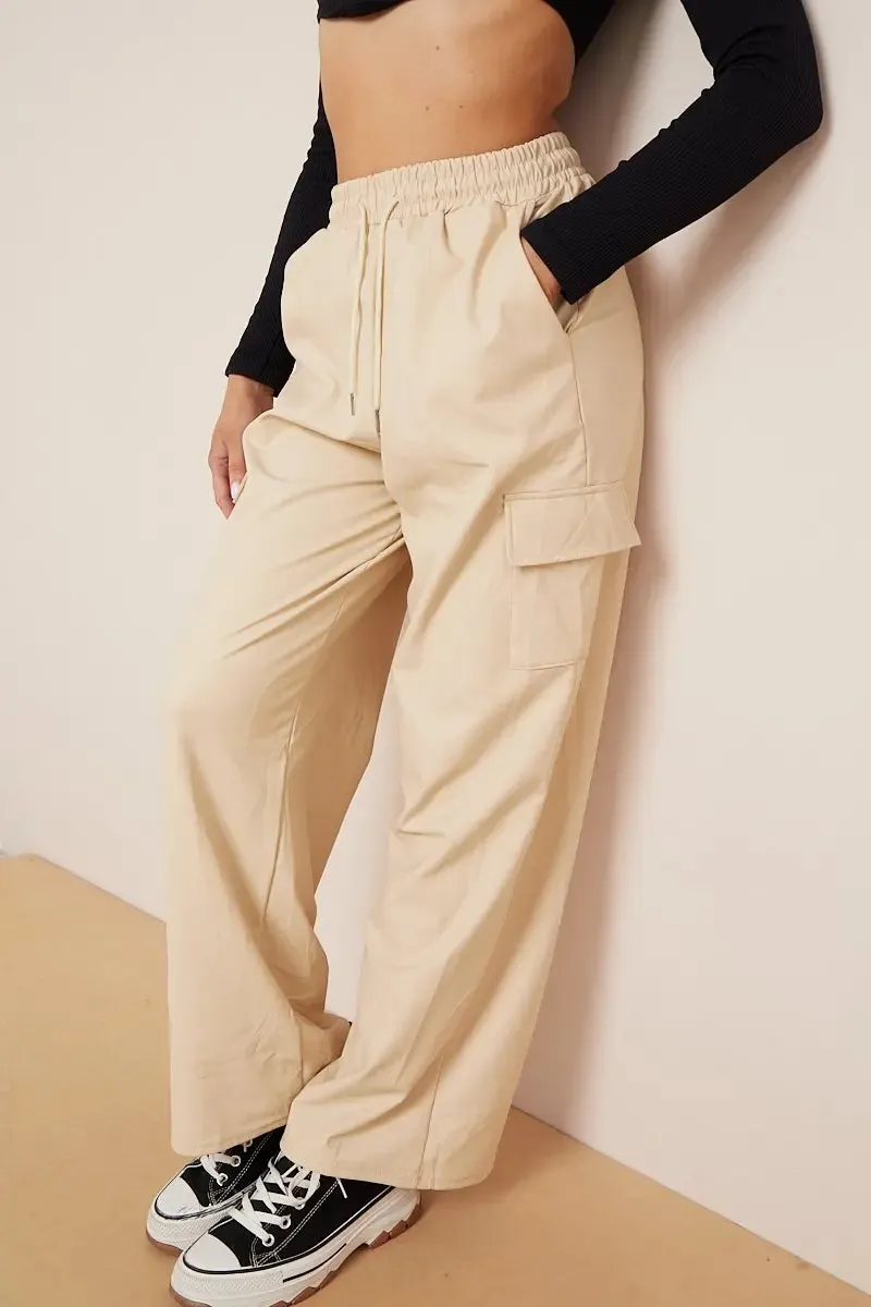 Beige Wide Leg Pockets PU Cargo Pants