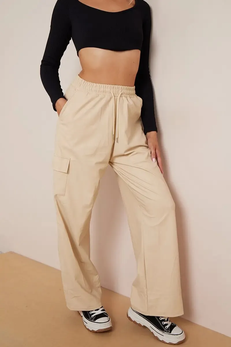 Beige Wide Leg Pockets PU Cargo Pants