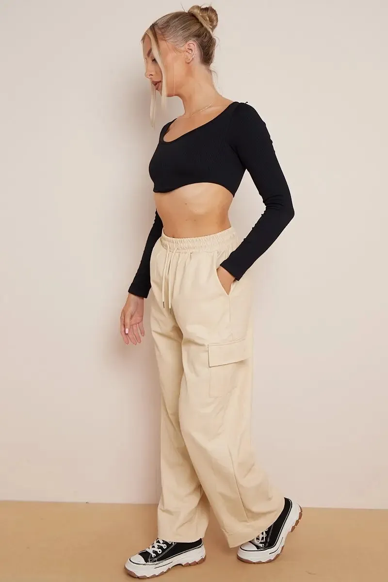 Beige Wide Leg Pockets PU Cargo Pants