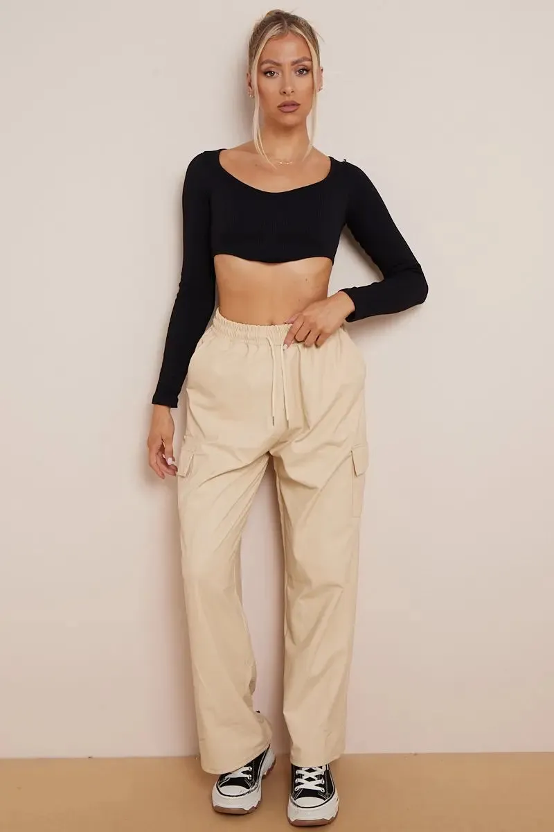 Beige Wide Leg Pockets PU Cargo Pants