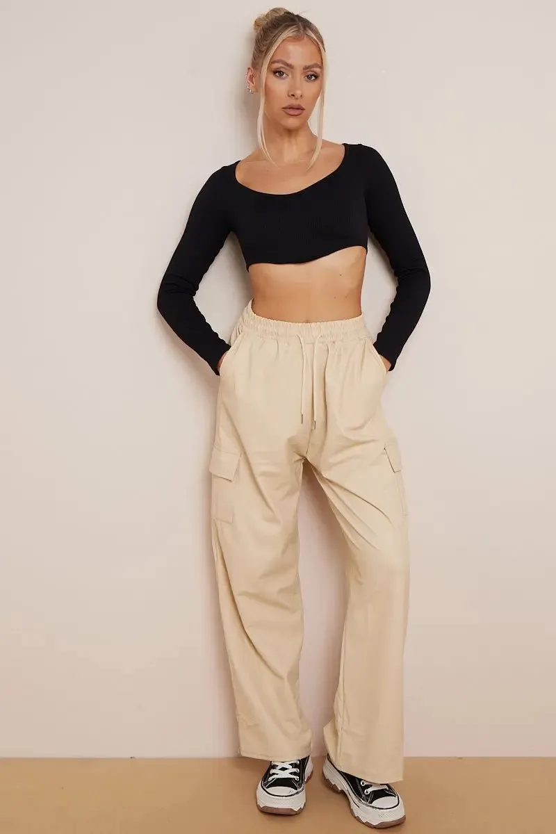 Beige Wide Leg Pockets PU Cargo Pants