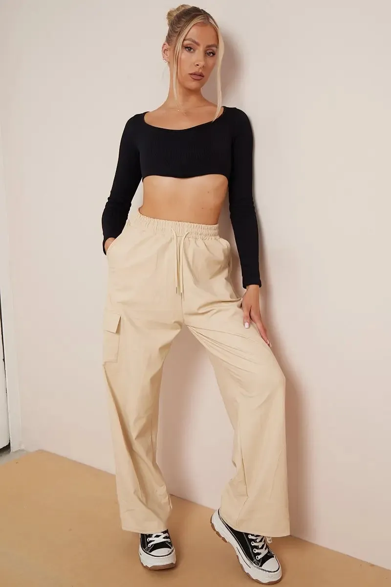 Beige Wide Leg Pockets PU Cargo Pants