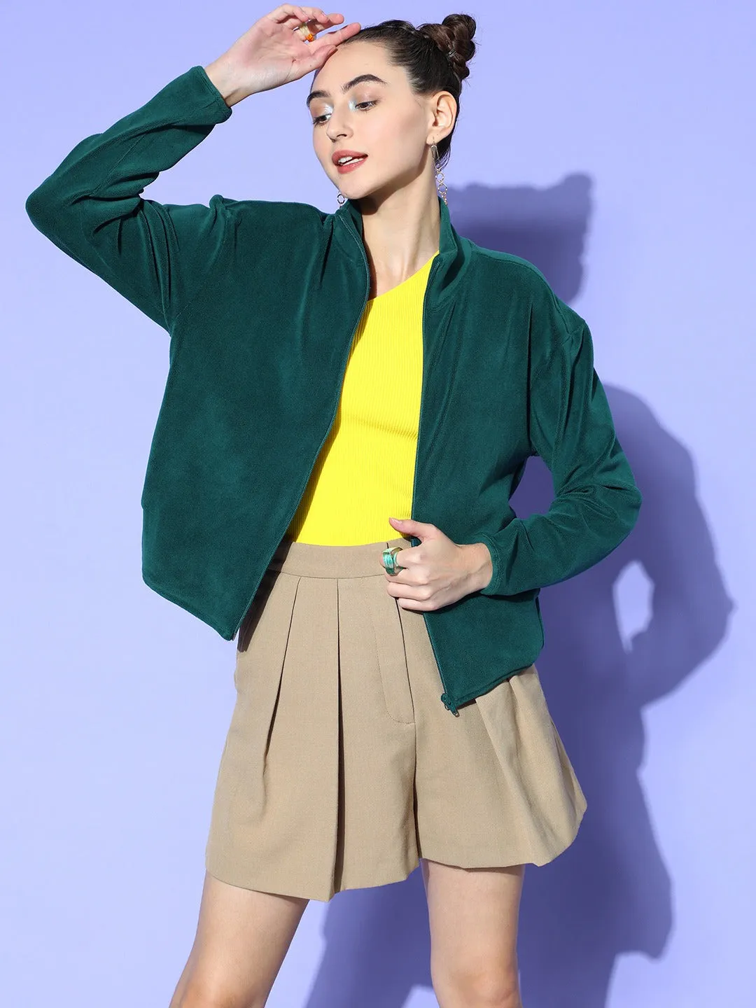 Berrylush Women Solid Green Mock Collar Neck Open-Front Straight Hem Jacket