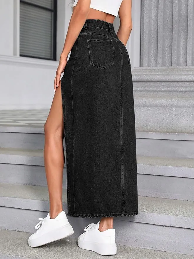 Black Denim High Rise Maxi Skirt