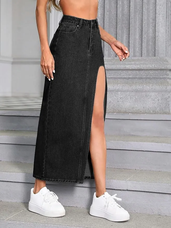 Black Denim High Rise Maxi Skirt