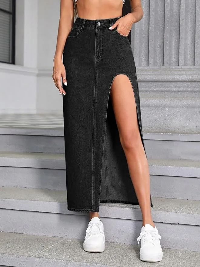 Black Denim High Rise Maxi Skirt