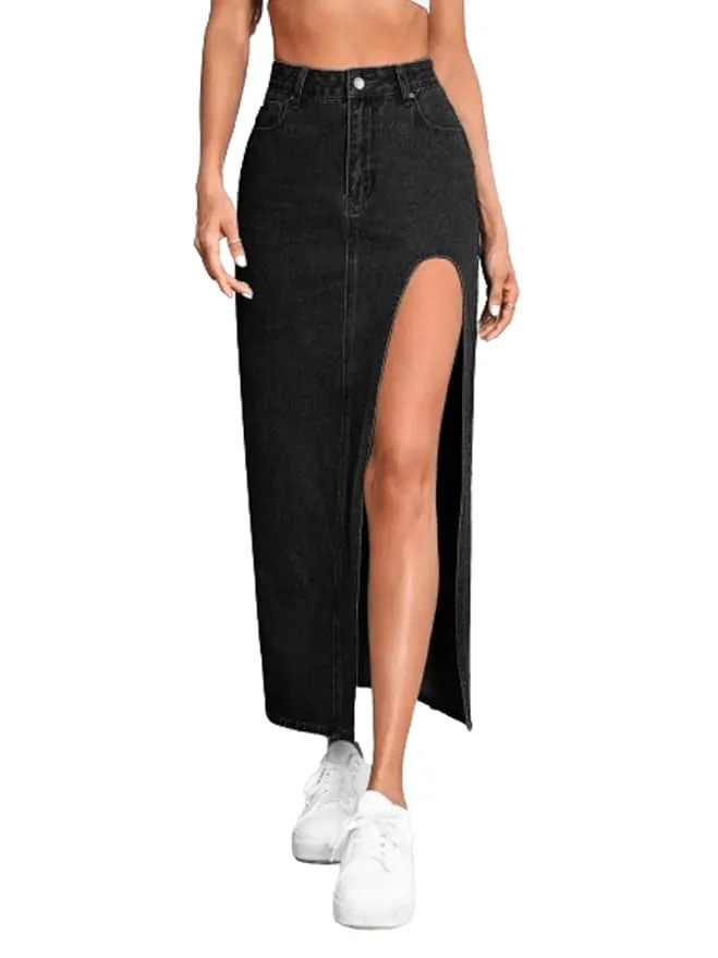 Black Denim High Rise Maxi Skirt