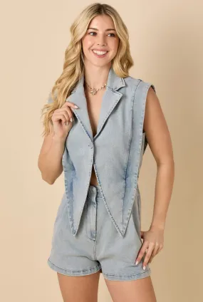 Blazer Style Vest Denim Romper