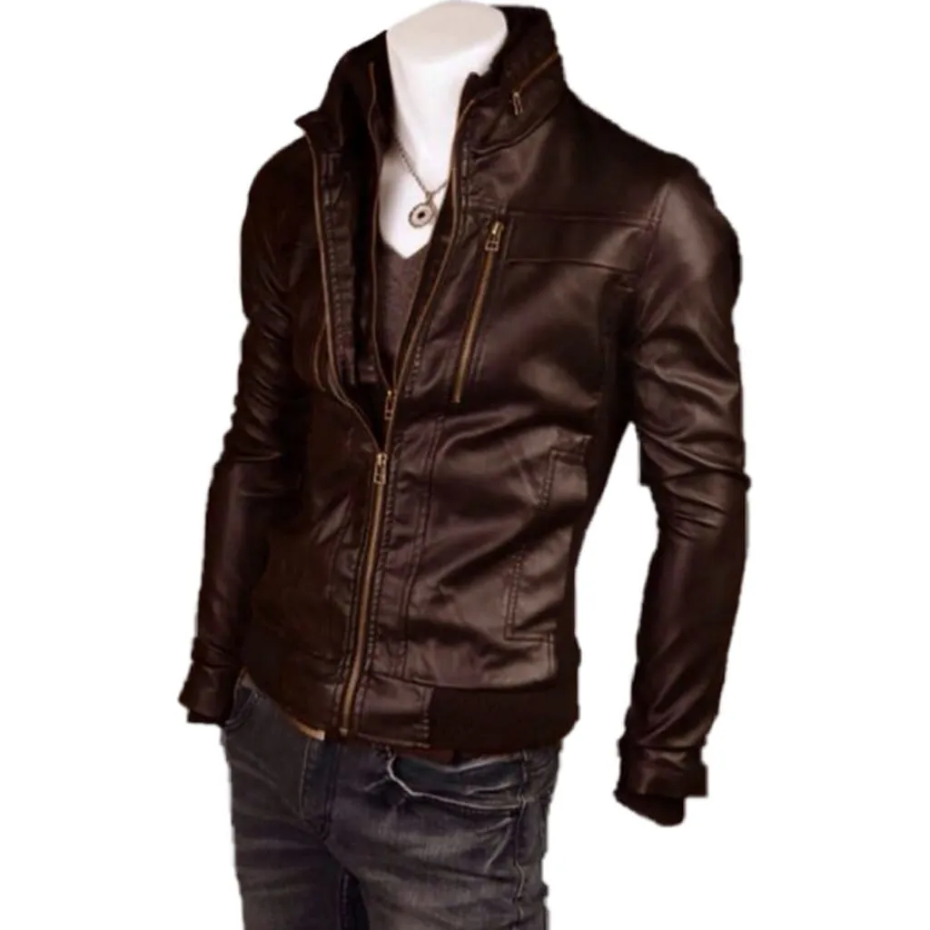 Brown Men Genuine Sheep Leather Jacket with HEM Sleeves