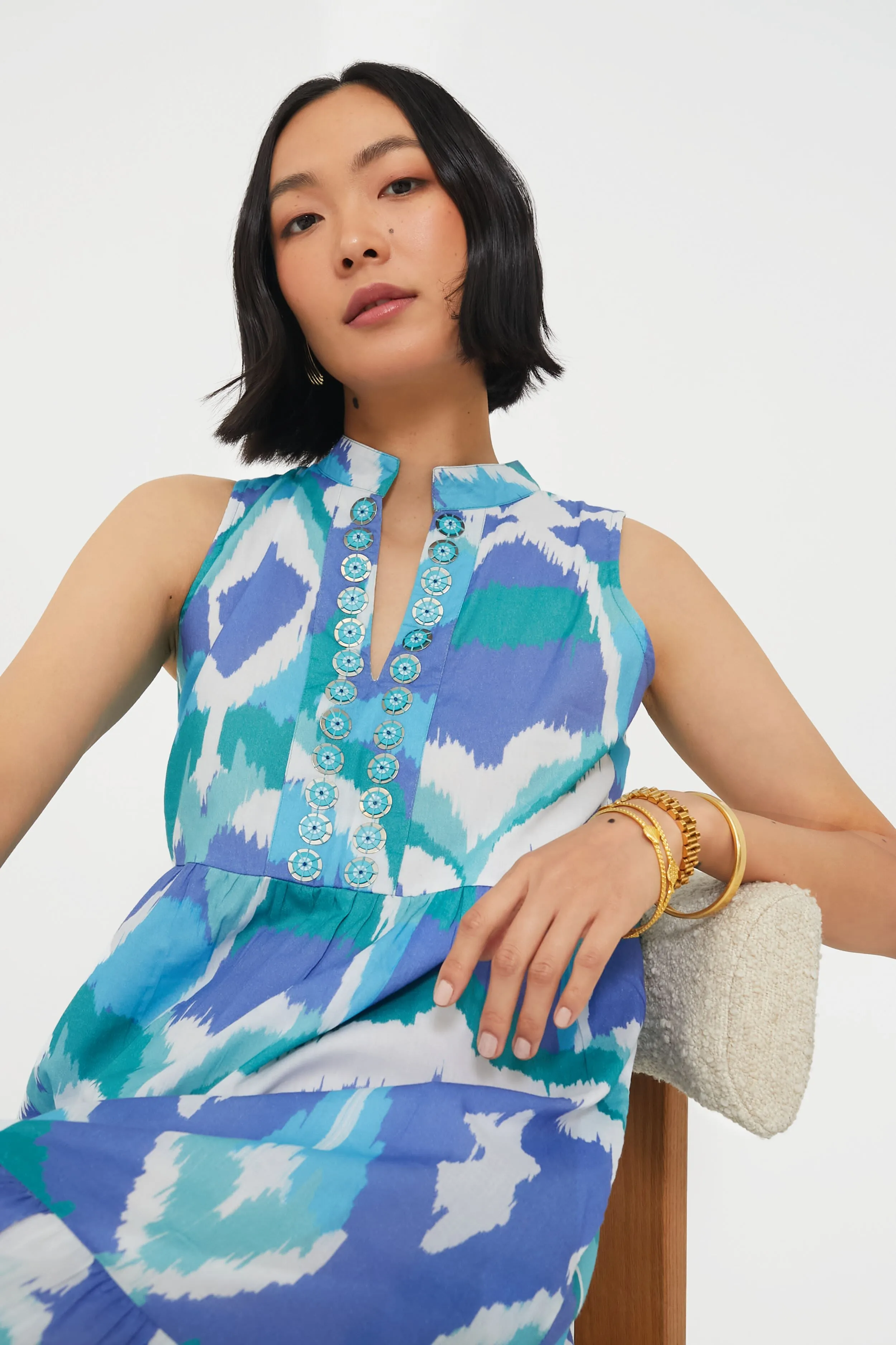 Cerulean Watercolor Ikat Tessa Dress