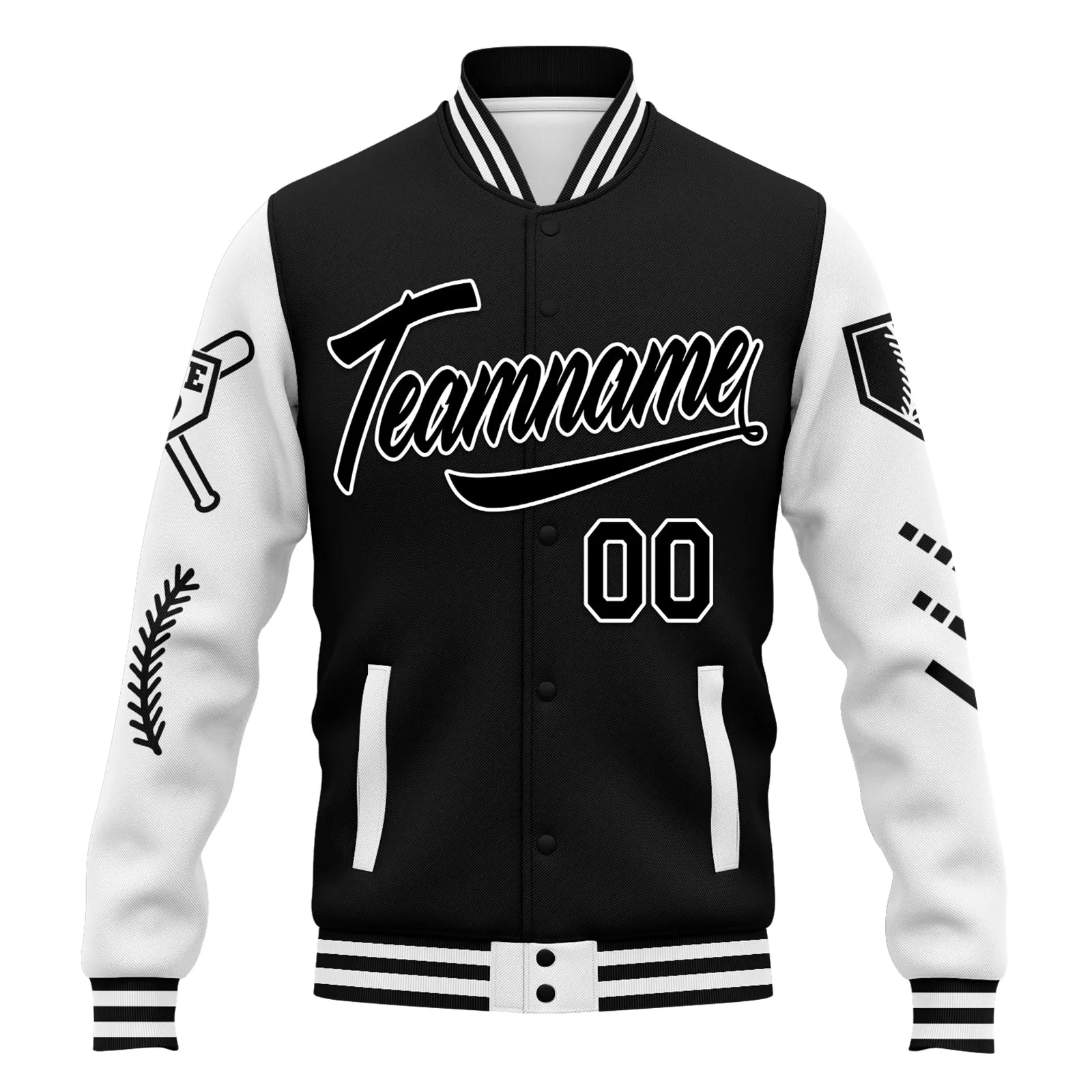 Custom Black White Raglan Sleeves Jacket Bomber Full-Snap Varsity Letterman Personalized Jacket FZ005-D023002-8