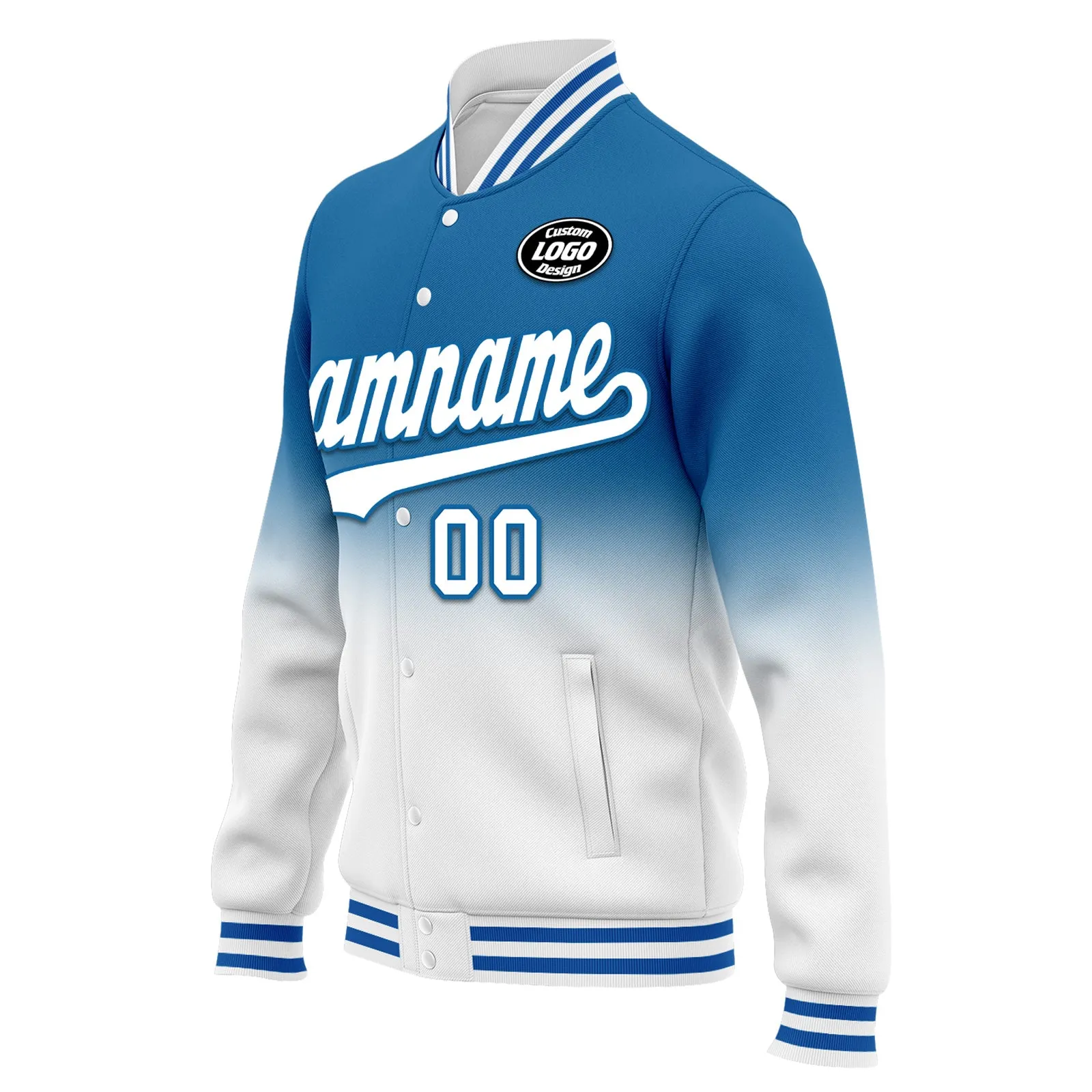 Custom Blue White Fade Fashion Jacket Bomber Full-Snap Varsity Letterman Personalized Jacket FZ005-D020229-18