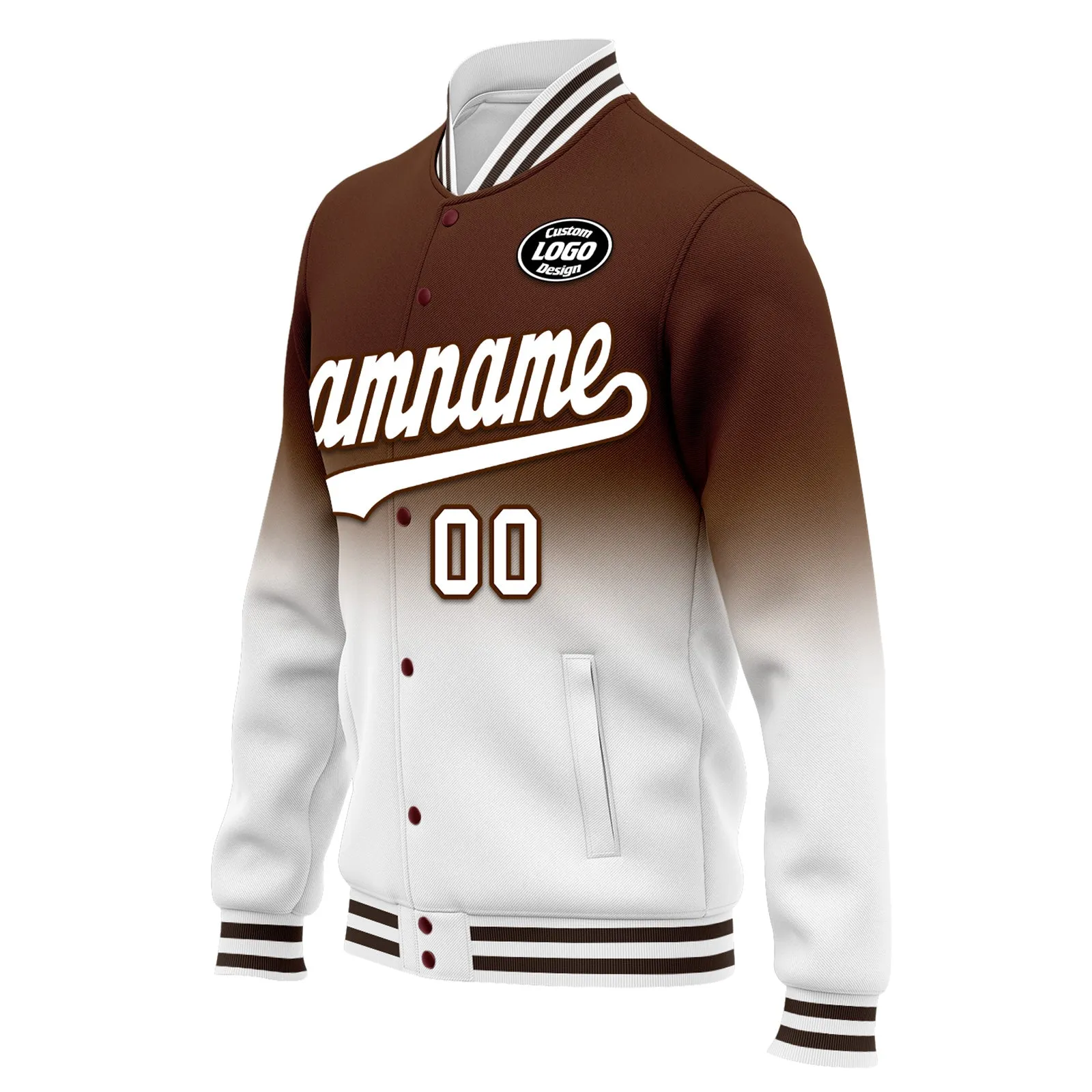 Custom Brown White Fade Fashion Jacket Bomber Full-Snap Varsity Letterman Personalized Jacket FZ005-D020229-24