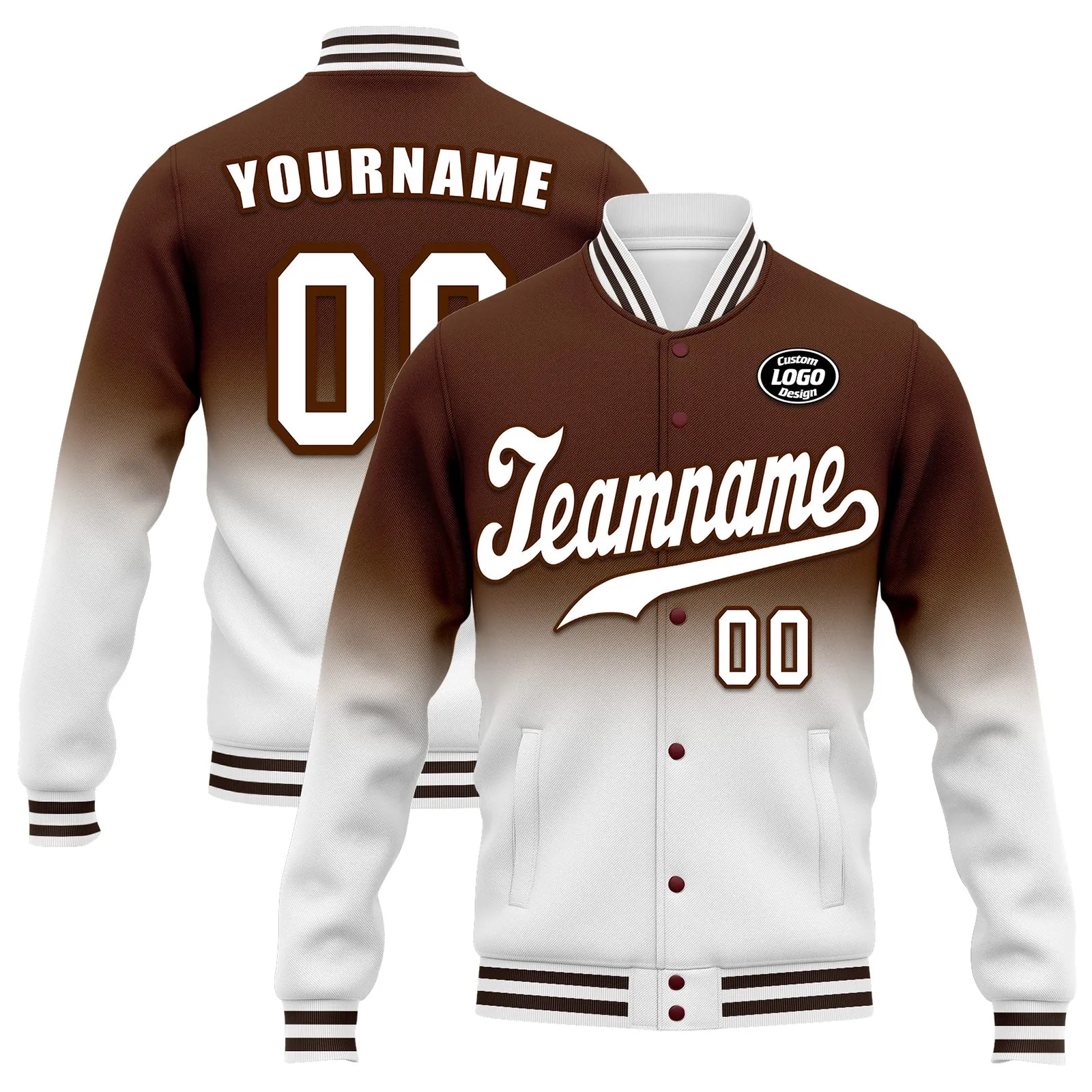 Custom Brown White Fade Fashion Jacket Bomber Full-Snap Varsity Letterman Personalized Jacket FZ005-D020229-24