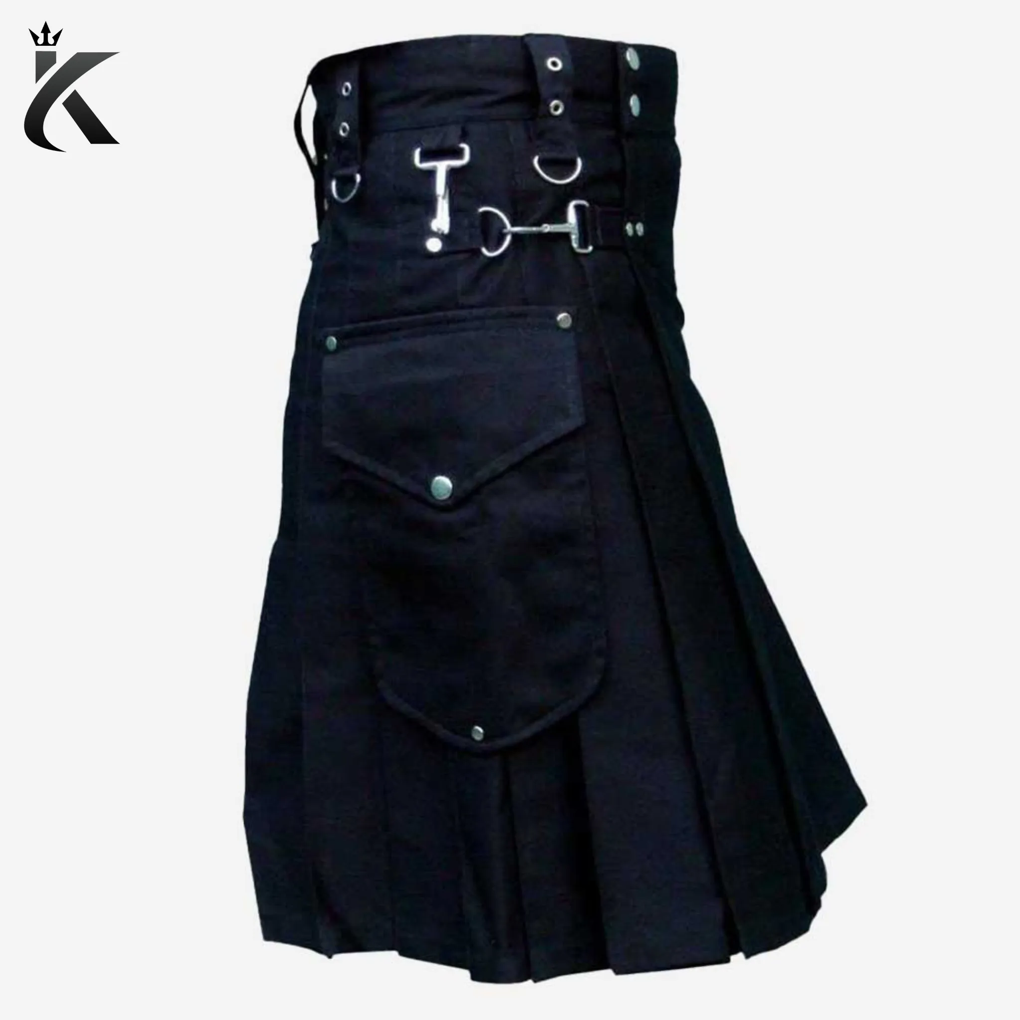 Custom Quality Black Utility Kilt With Chrome Hooks - Step into the Future of Fashion