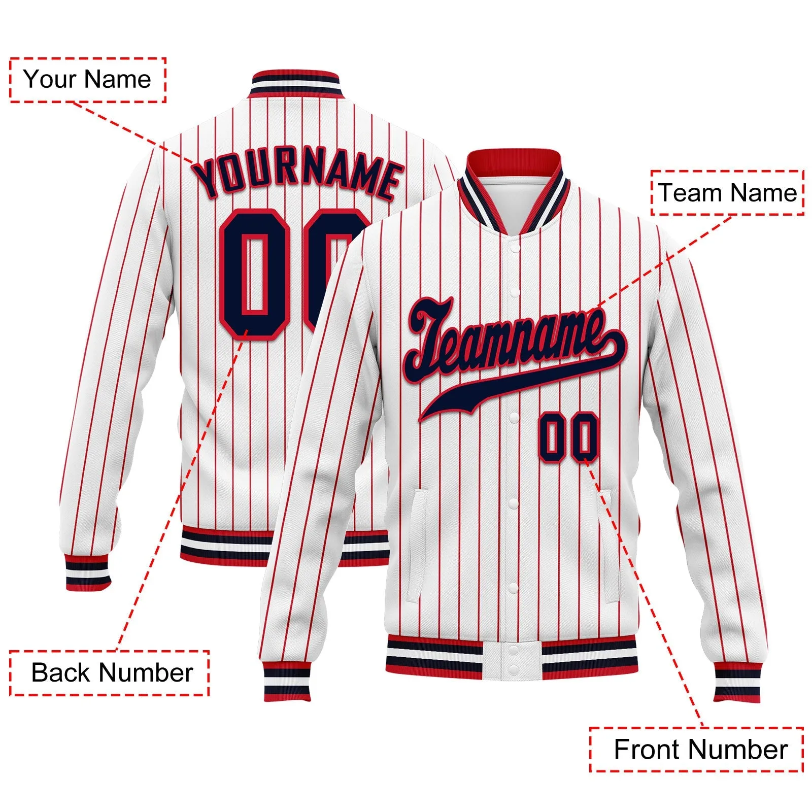 Custom Red White Stripe Fashion Jacket Bomber Full-Snap Varsity Letterman Personalized Jacket FZ005-D020219-22