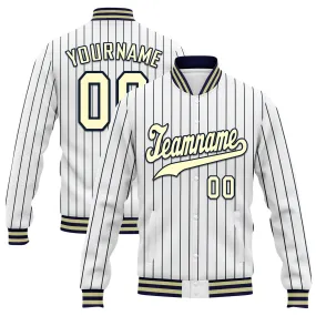 Custom White Navy Stripe Fashion Jacket Bomber Full-Snap Varsity Letterman Personalized Jacket FZ005-D020219-25