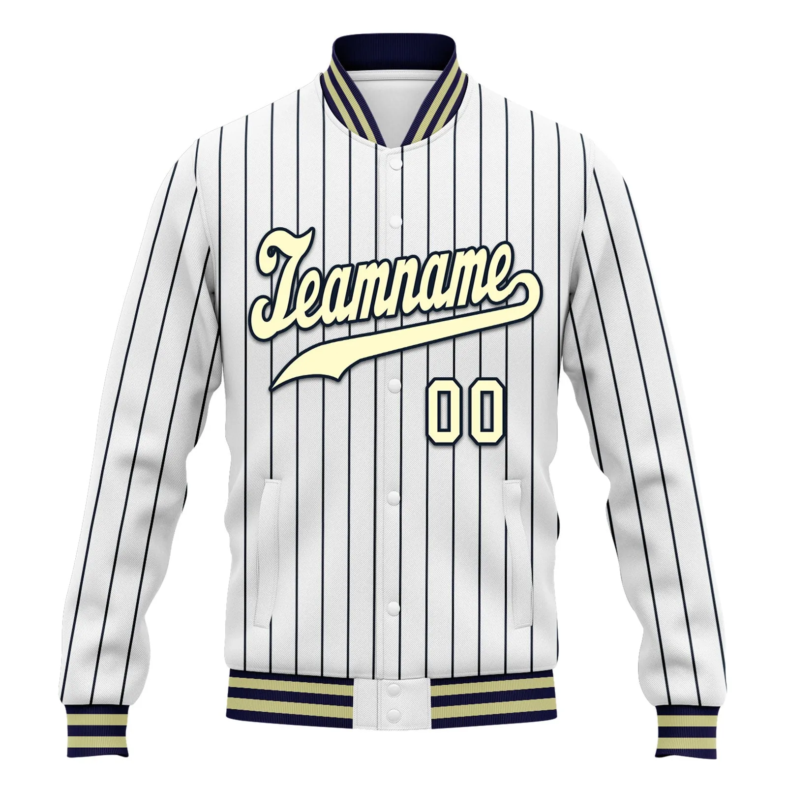 Custom White Navy Stripe Fashion Jacket Bomber Full-Snap Varsity Letterman Personalized Jacket FZ005-D020219-25