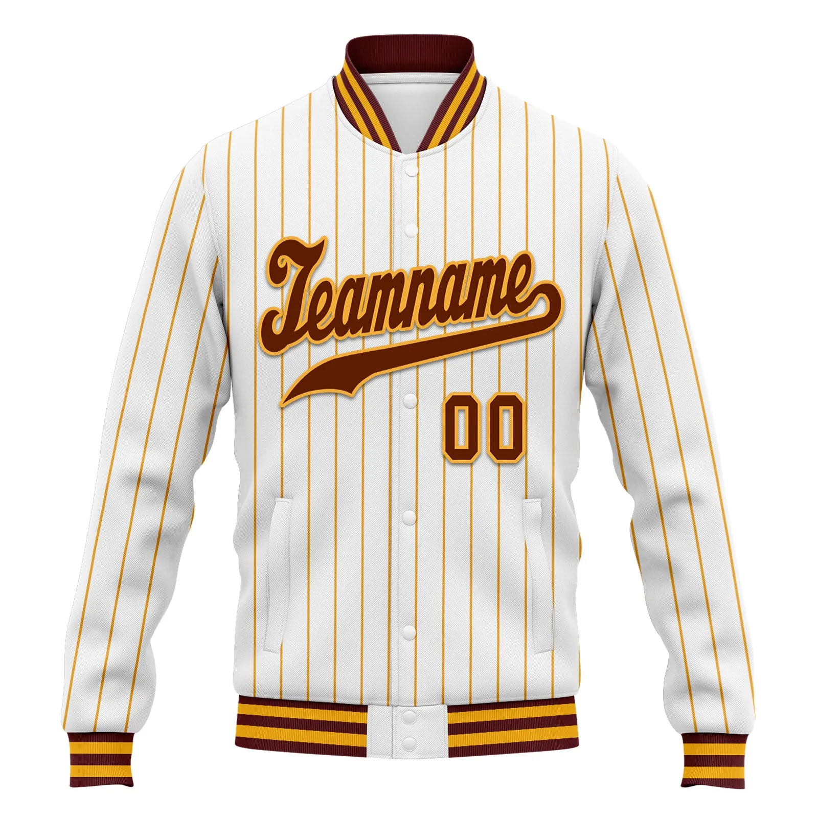 Custom White Yellow Stripe Fashion Jacket Bomber Full-Snap Varsity Letterman Personalized Jacket FZ005-D020219-14