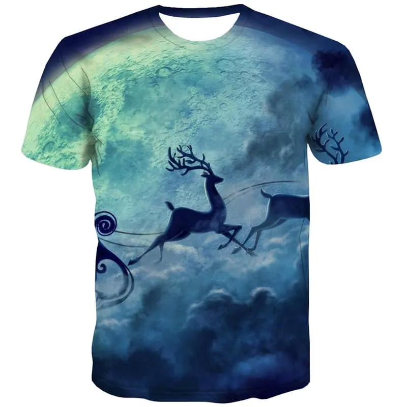 Deer T-shirt Men Christmas Tshirts Cool Moon T-shirts 3d Cloud T shirts Funny