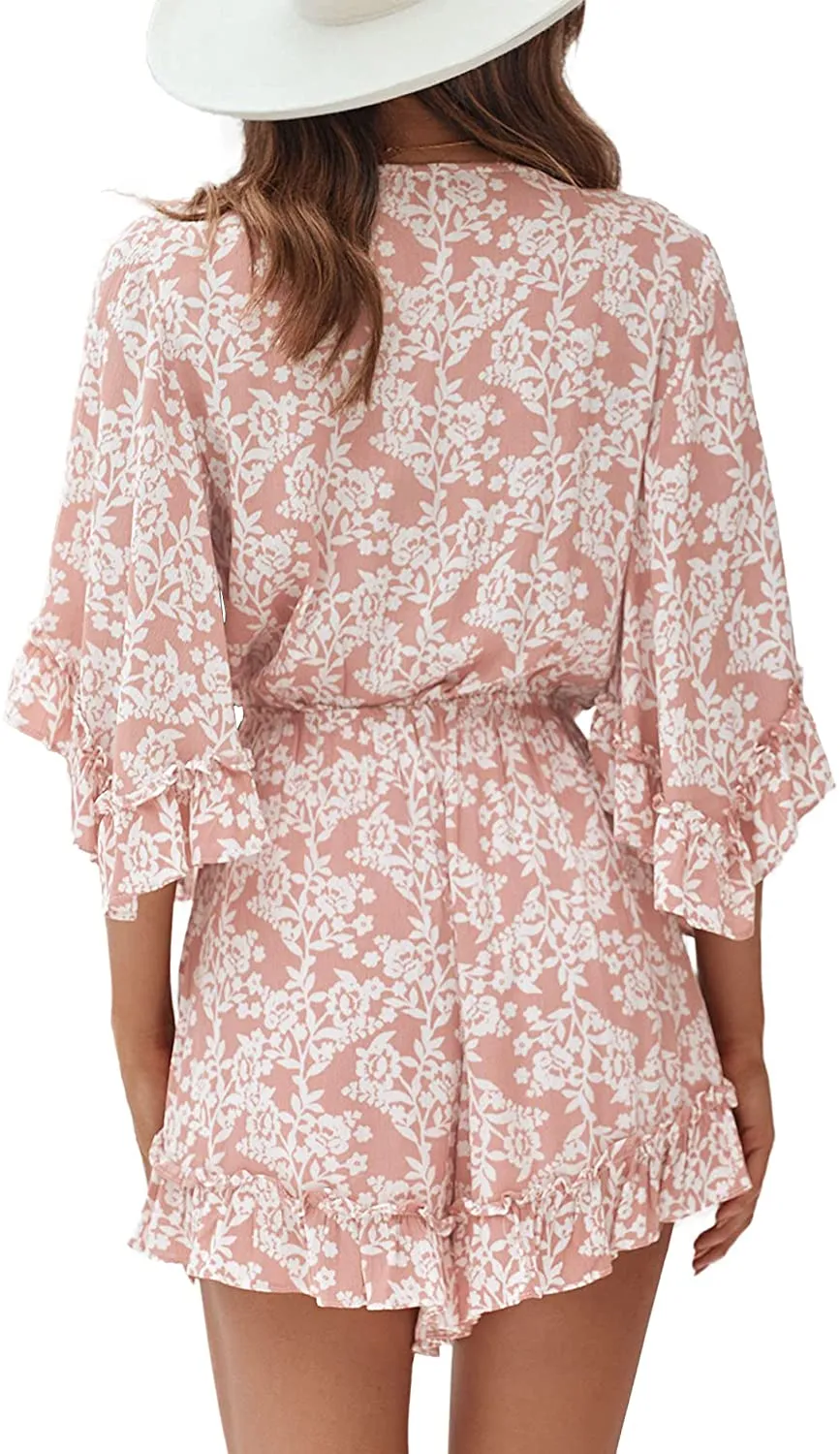 Elastic Waist Pink Floral Print Rompers Short Jumpsuit