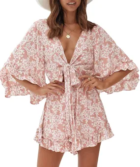 Elastic Waist Pink Floral Print Rompers Short Jumpsuit