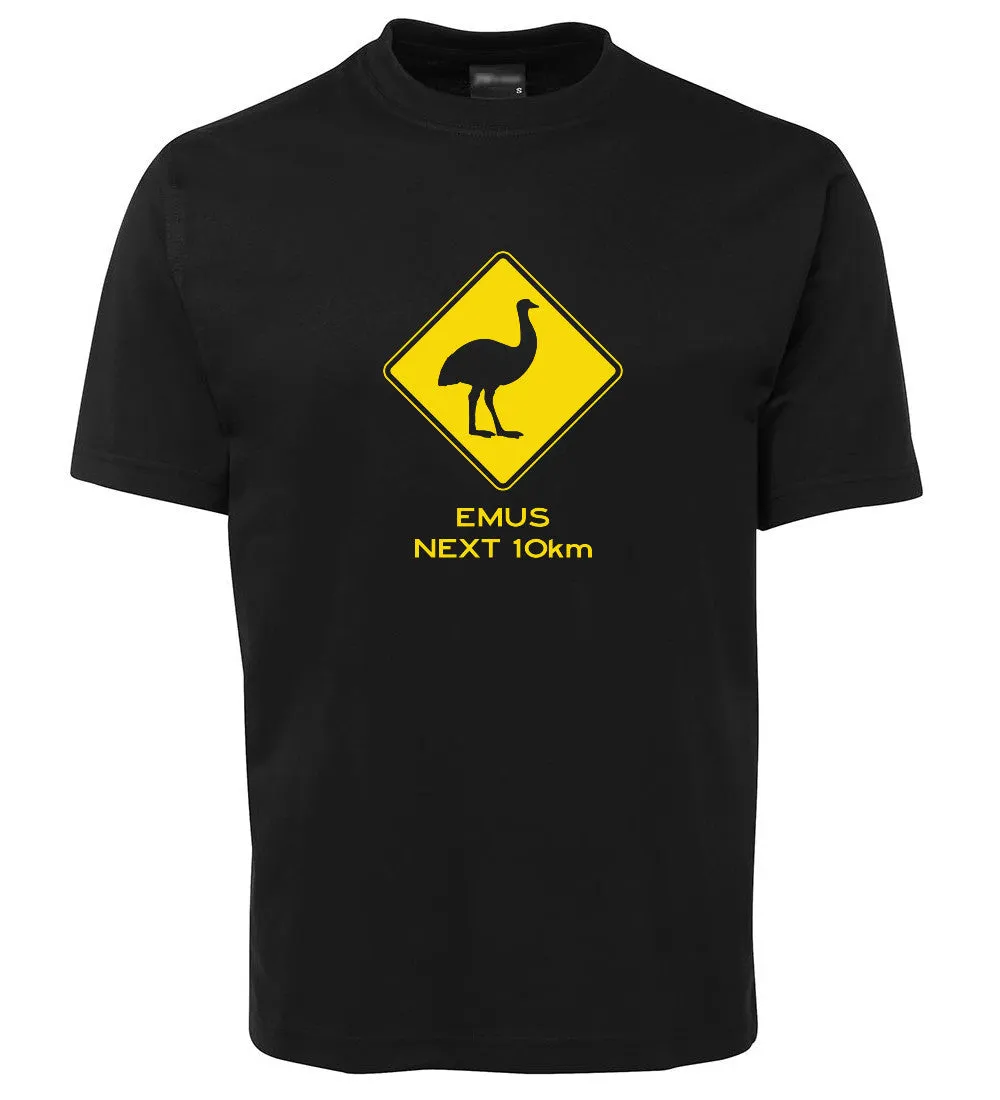 Emus Next 10km Road Sign Adults T-Shirt (Various Colours)