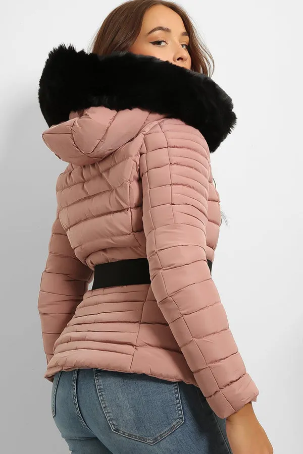 FAUX FUR HOODED PINK PADDED JACKET WITH ELASTIC BUCKLE BELT