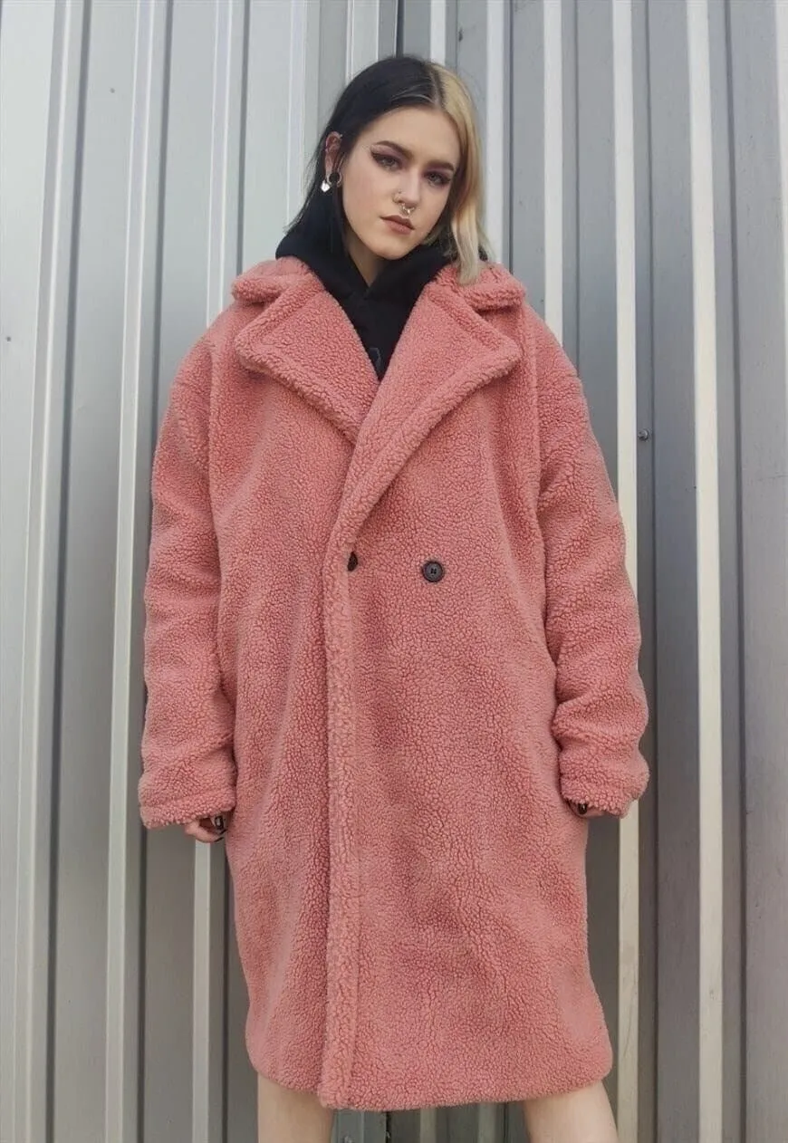 Fleece trench jacket in pastel pink faux fur fluffy mac coat