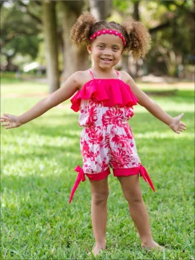 Girls Tomato Red/Pink Floral Spaghetti Strap Banded Bottom Romper w/ Ruffle Detail