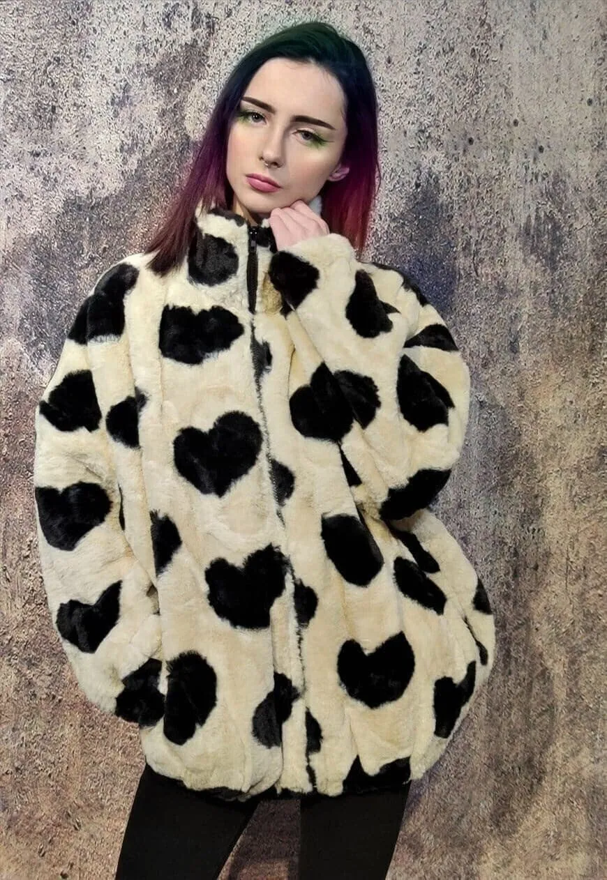 Heart fleece jacket faux fur love bomber retro coat cream