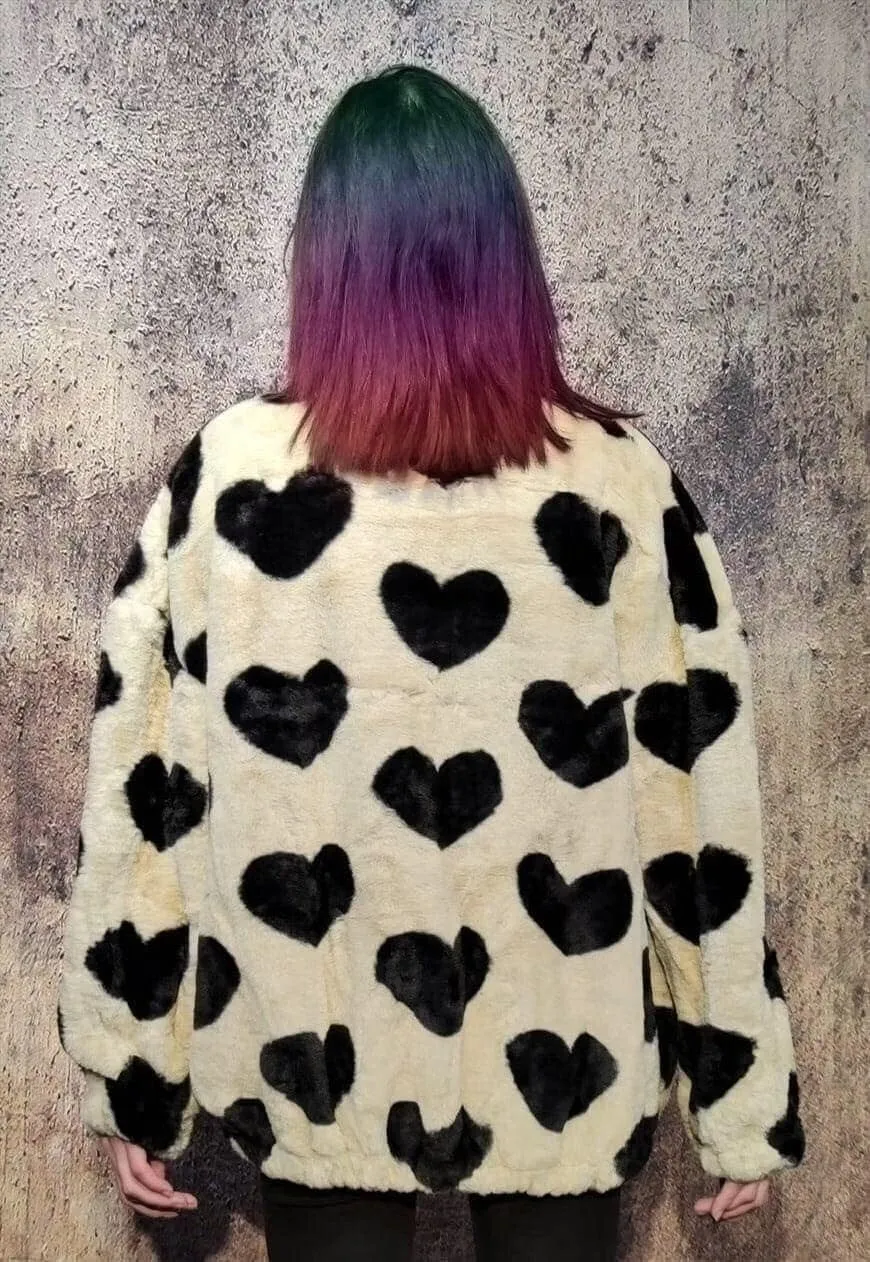 Heart fleece jacket faux fur love bomber retro coat cream