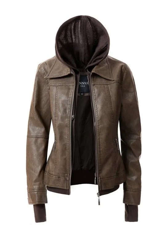 Hooded Faux Leather Jacket