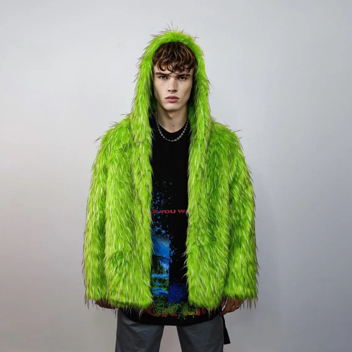 Hooded shaggy faux fur jacket neon bomber bright raver coat fluffy winter fleece luminous festival overcoat burning man fuzzy trench green