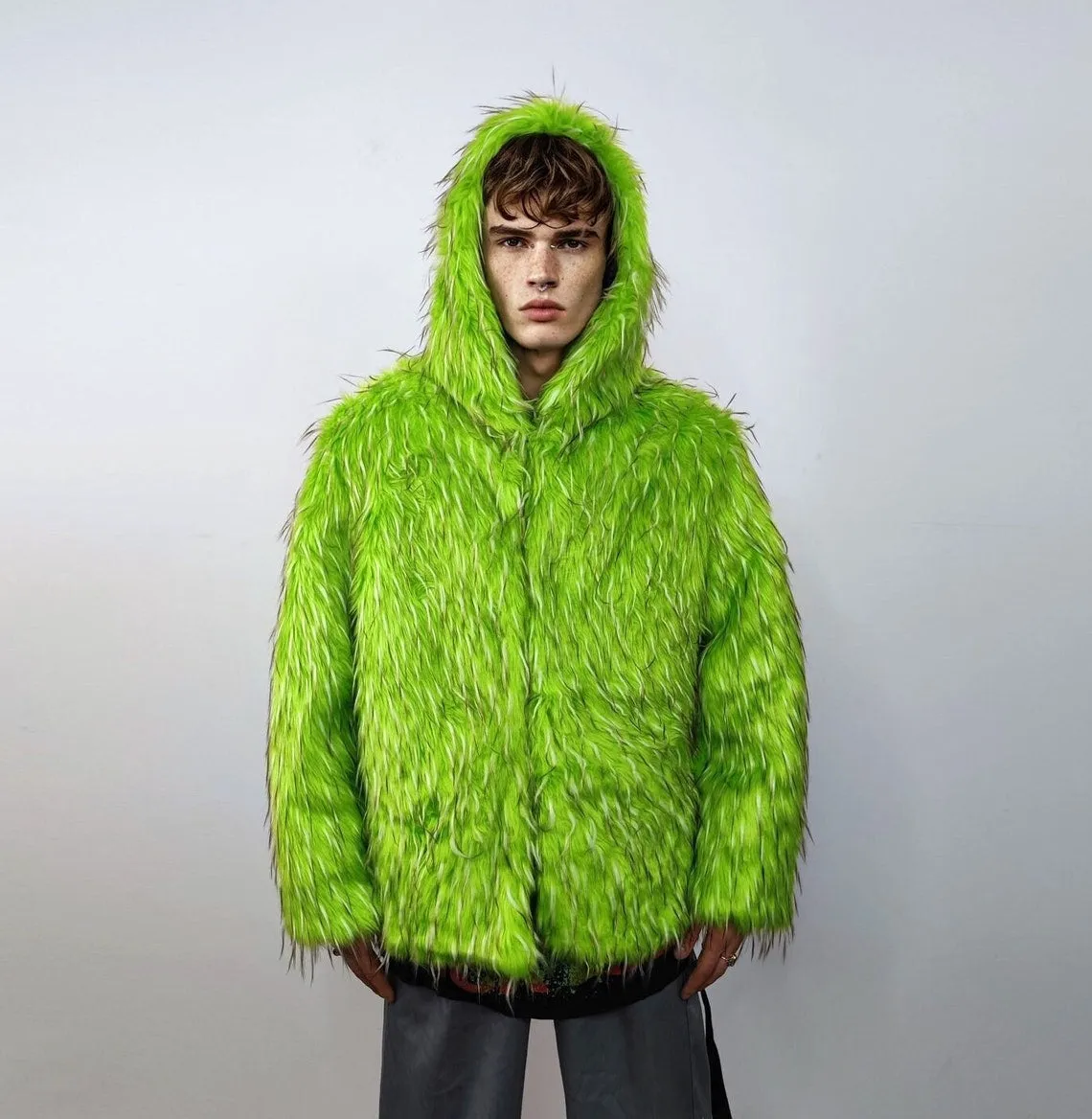 Hooded shaggy faux fur jacket neon bomber bright raver coat fluffy winter fleece luminous festival overcoat burning man fuzzy trench green