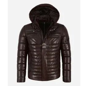 ICEBURG Puffer Hooded Leather Jacket For Men